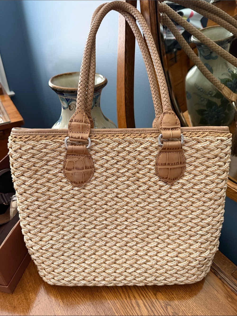 Brighton Beige Woven Tote with Tan Trim and Tassel Accent - Picture 3 of 3